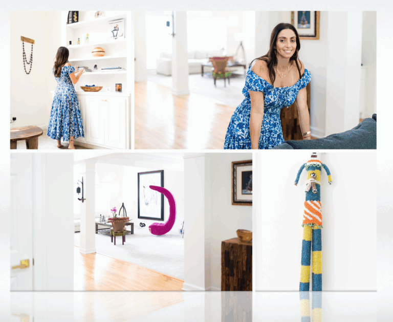 A woman in a blue floral dress interacts with a stylish interior, showcasing vibrant decor and minimalist design elements. The image illustrates home styling ideas.