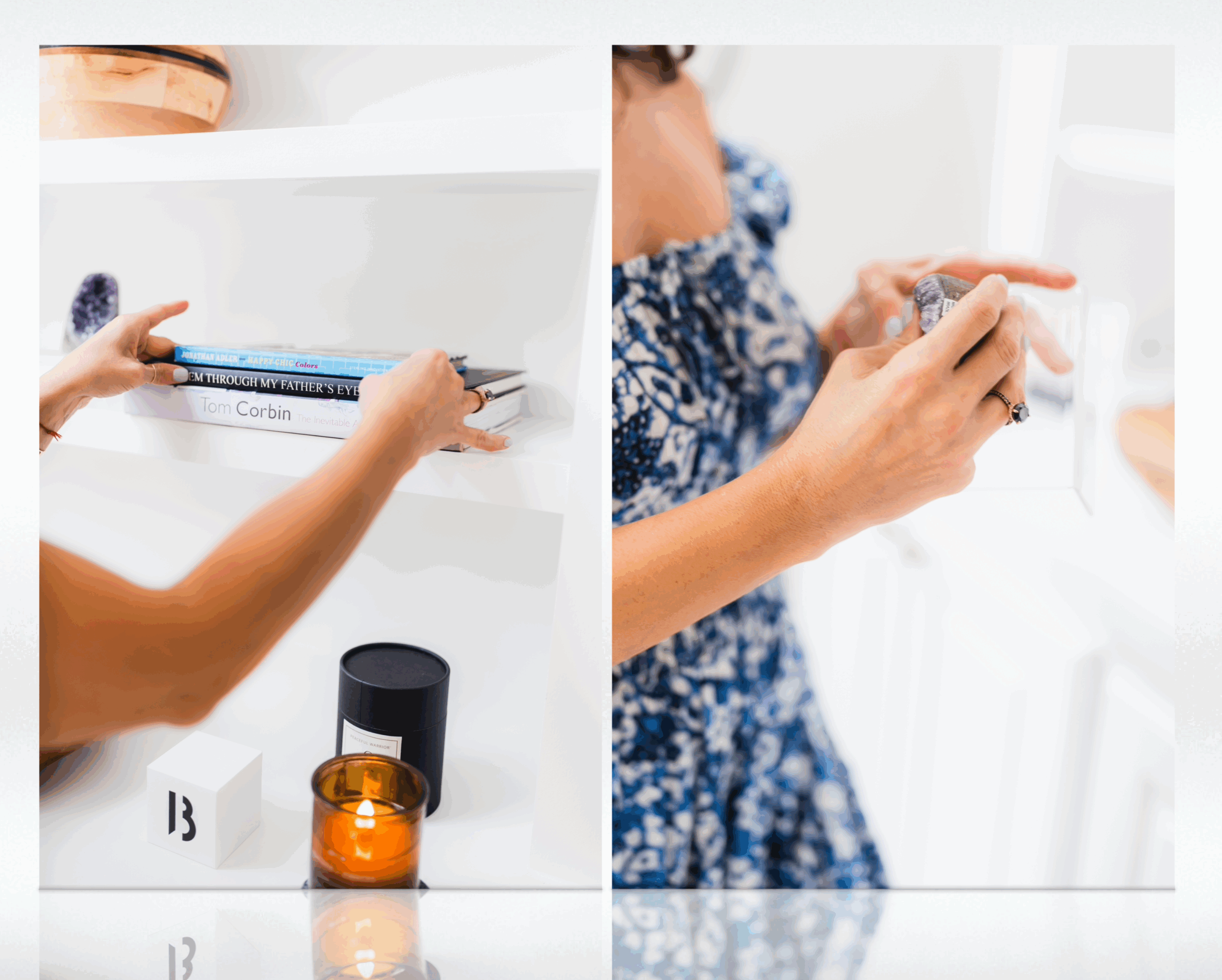 A person arranges books and decor on a white shelf, showcasing a tidy, stylish living space. The image emphasizes organization and design aesthetics.