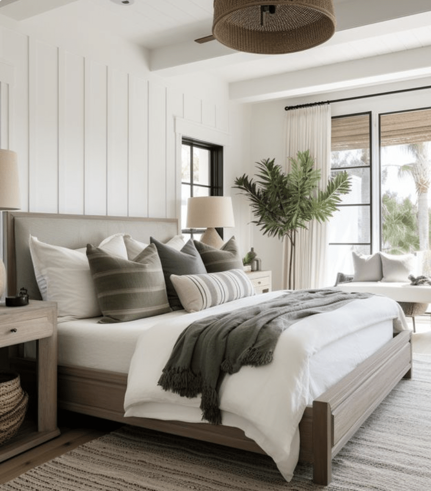 Modern bedroom featuring a cozy bed with decorative pillows and a throw blanket. Natural light filters through large windows, enhancing the inviting atmosphere.