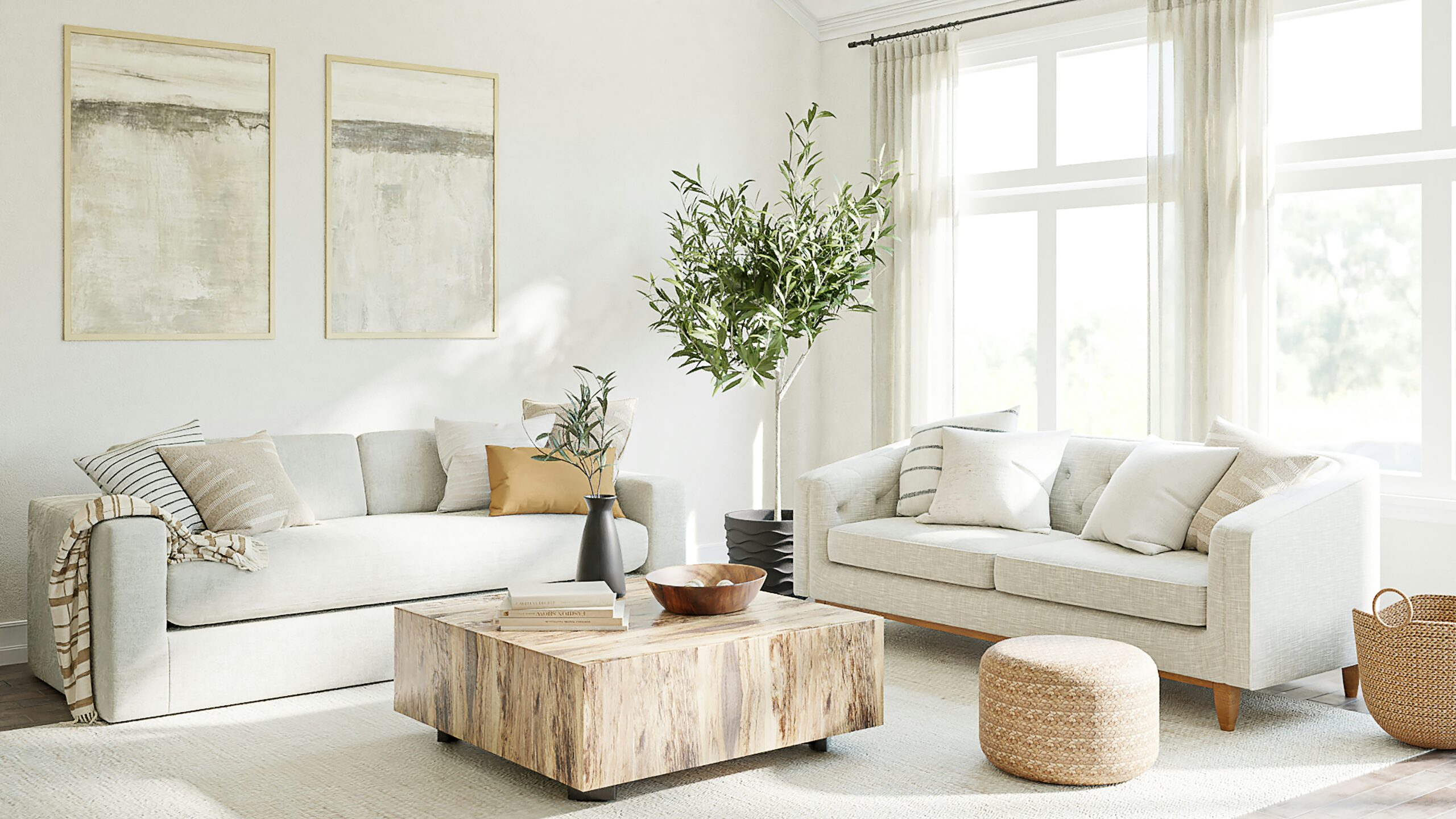 Modern living room featuring light-colored sofas, a wooden coffee table, and greenery. Window treatments allow natural light, enhancing a cozy atmosphere.